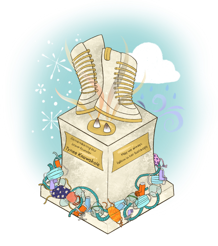 Grandmas Boots Statue@2x Light grey statue with two large boots on top and two gold plaques on the side